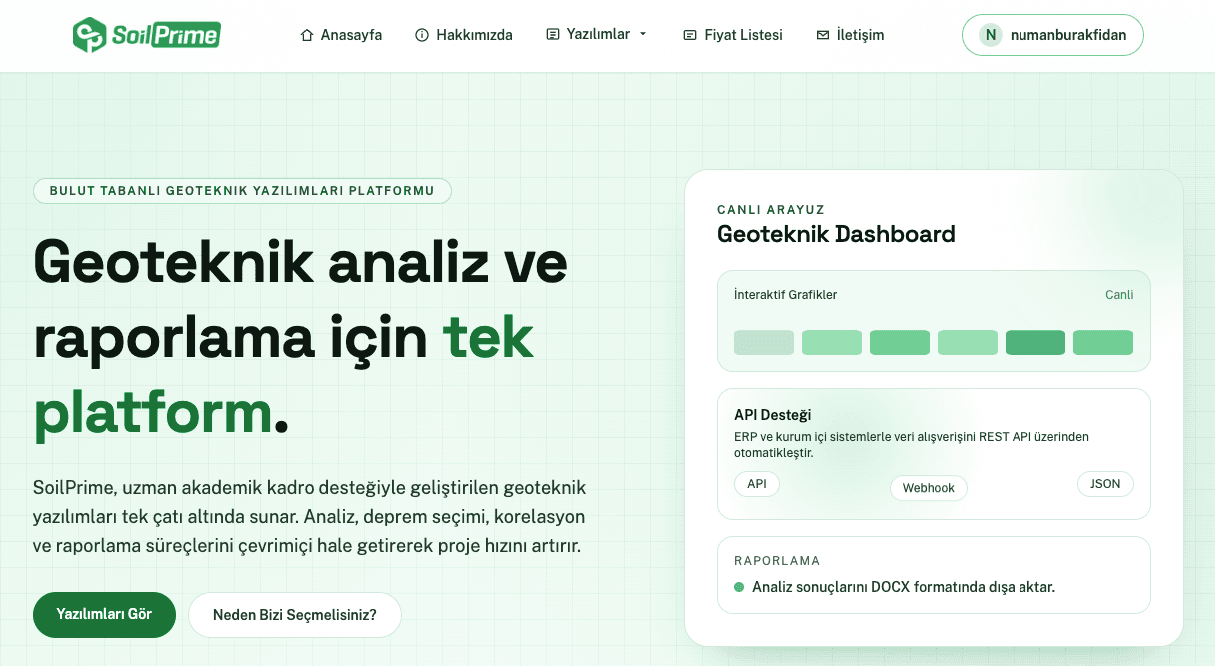 SoilPrime geoteknik analiz ve raporlama platformu ana ekranı